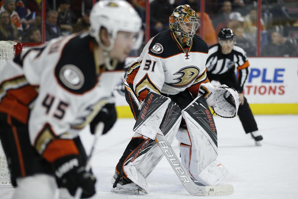 Ducks goalie Frederik Andersen looks on during a game against the Flyers on Feb. 9.