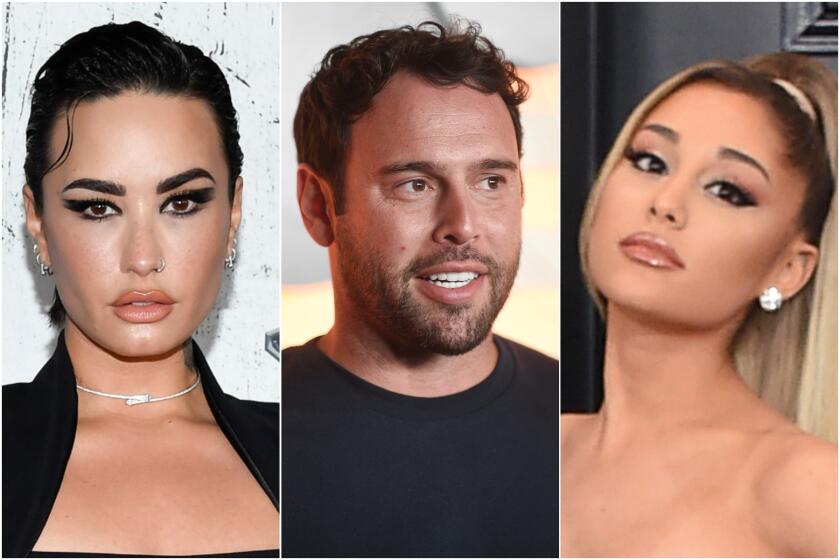 A split image of Demi Lovato in a silver choker, Scooter Braun in a black T-shirt and Ariana Grande in diamond earrings