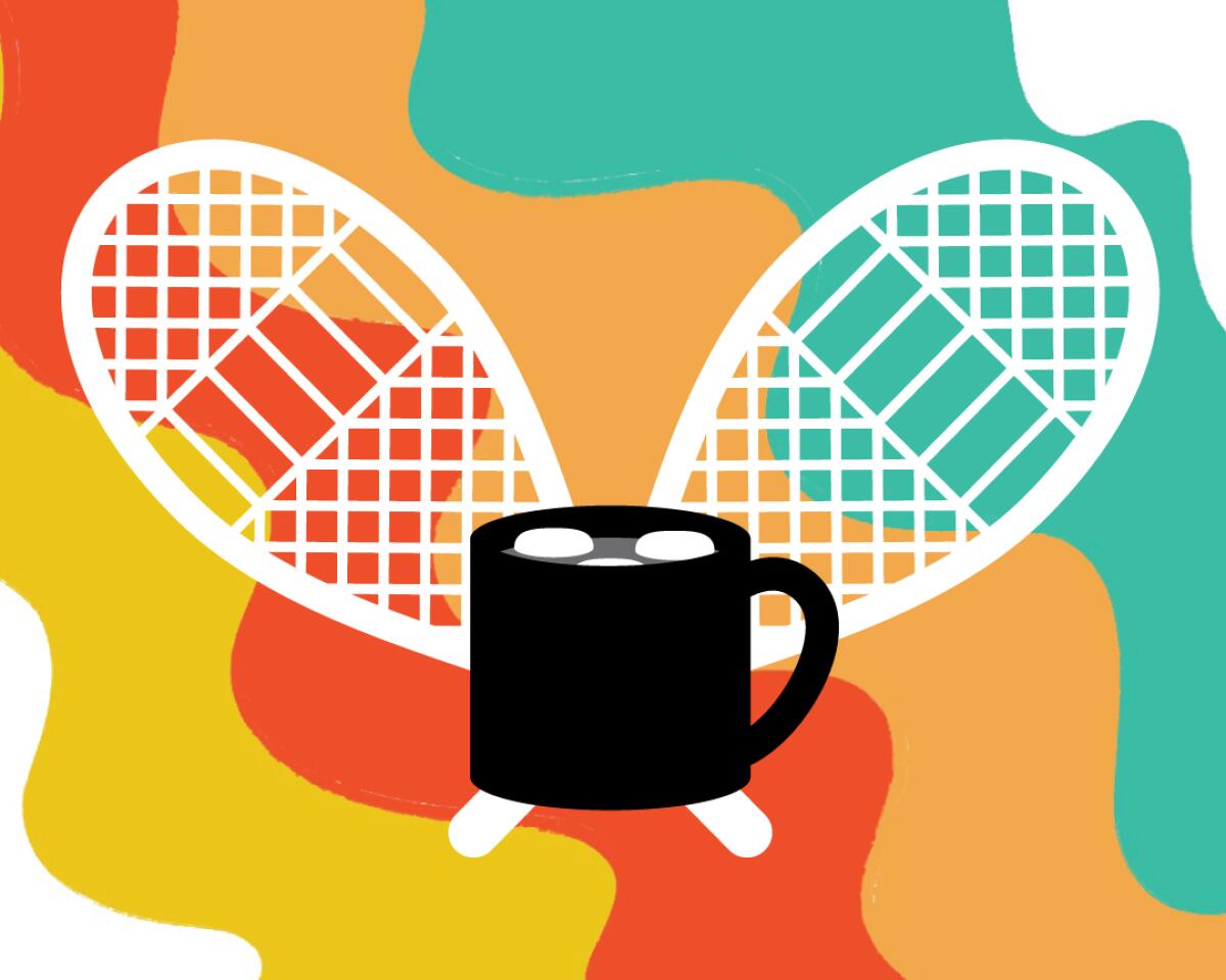 Illustration of snowshoes and a mug of hot cocoa with marshmallows on a colorful background.