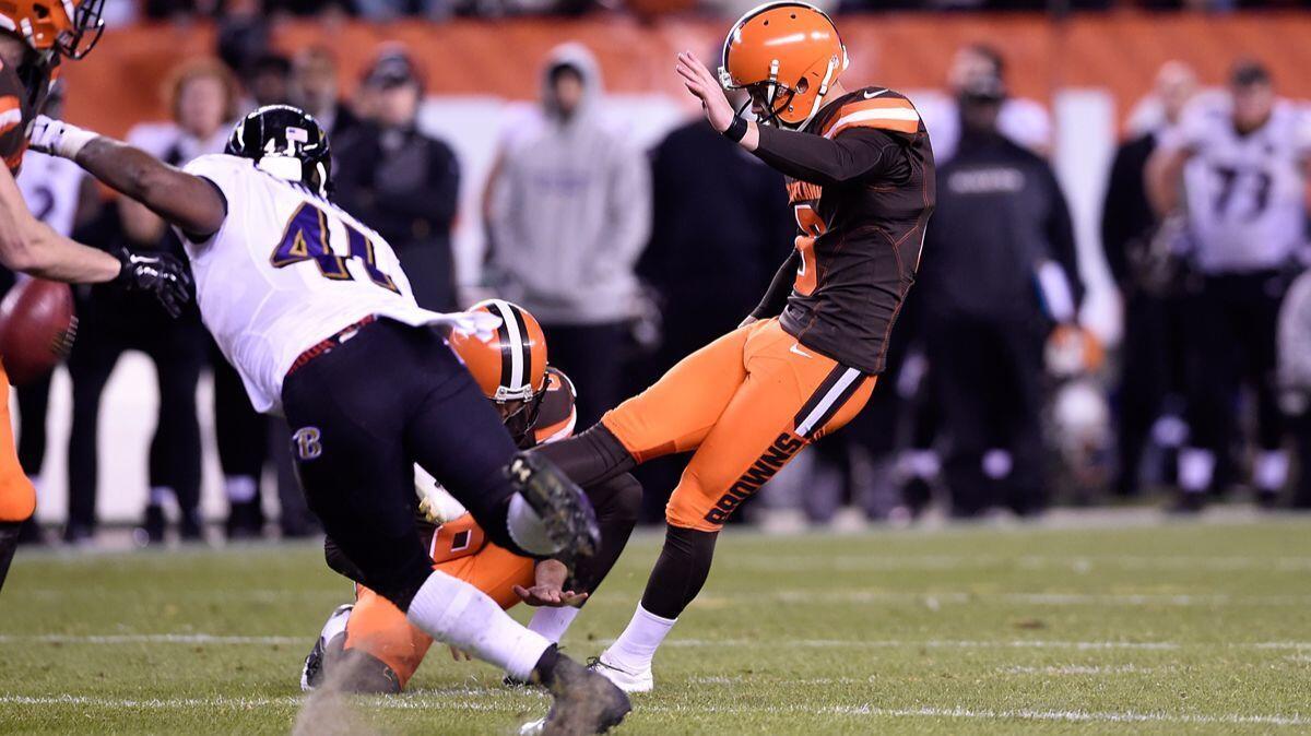 Kicker Travis Coons, then with the Cleveland Browns, has a field goal attempt blocked against the Baltimore Ravens on Nov. 30, 2015.