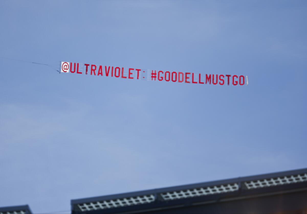 The women's group UltraViolet flies a banner calling for the ouster of NFL Commissioner Roger Goodell over MetLife Stadium on Sunday, during a game between the Arizona Cardinals and the New York Giants.
