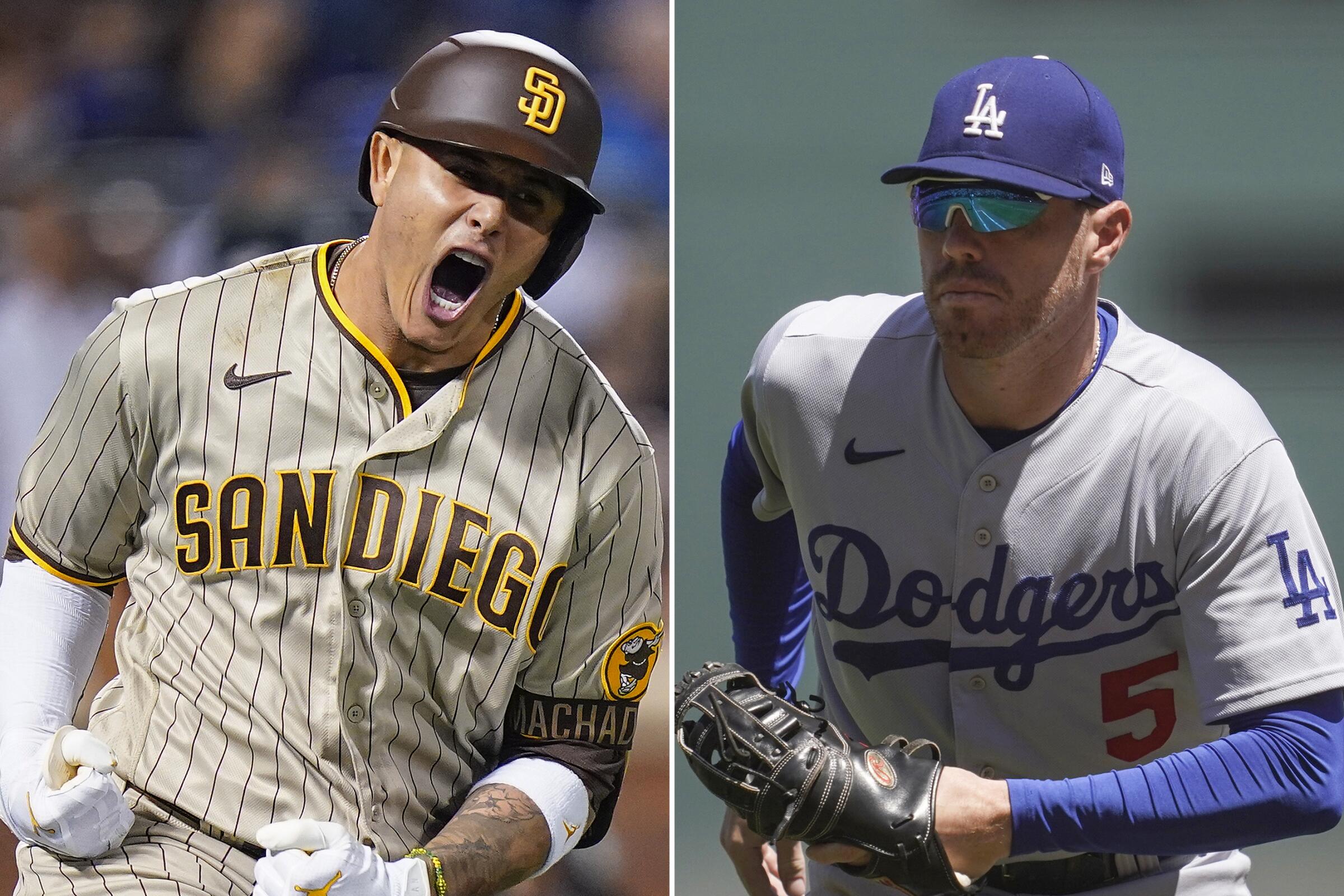 San Diego Padres Manny Machado, left, and Los Angeles Dodgers' Freddie Freeman.