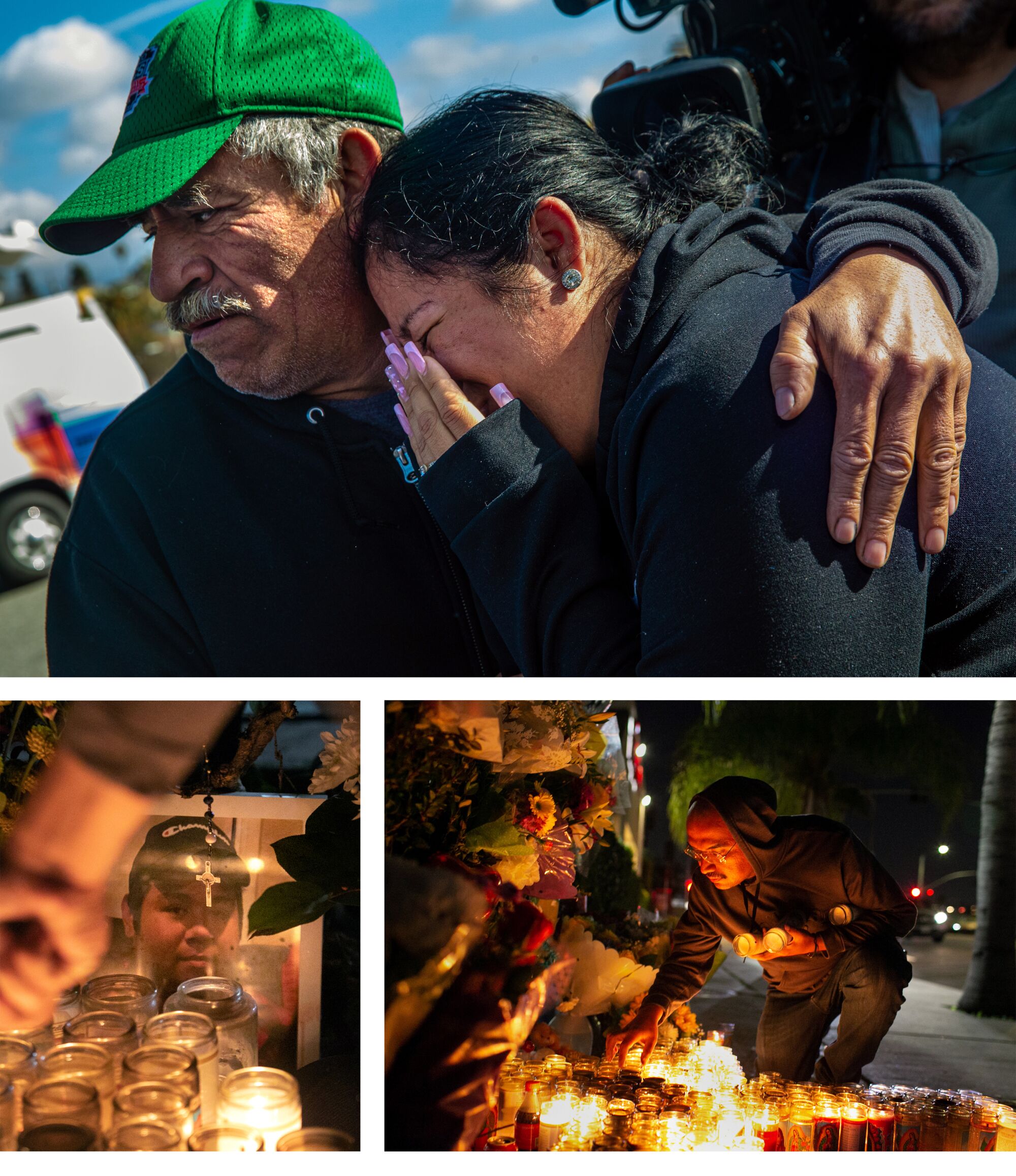 A triptych: top, a man hugs a crying woman; bottom left, a teen sits at a vigil, and right, man lights a candle.