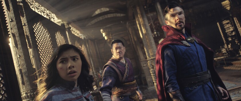Xochitl Gomez, Benedict Wong and Benedict Cumberbatch in a scene from 'Doctor Strange in the Multiverse of Madness'
