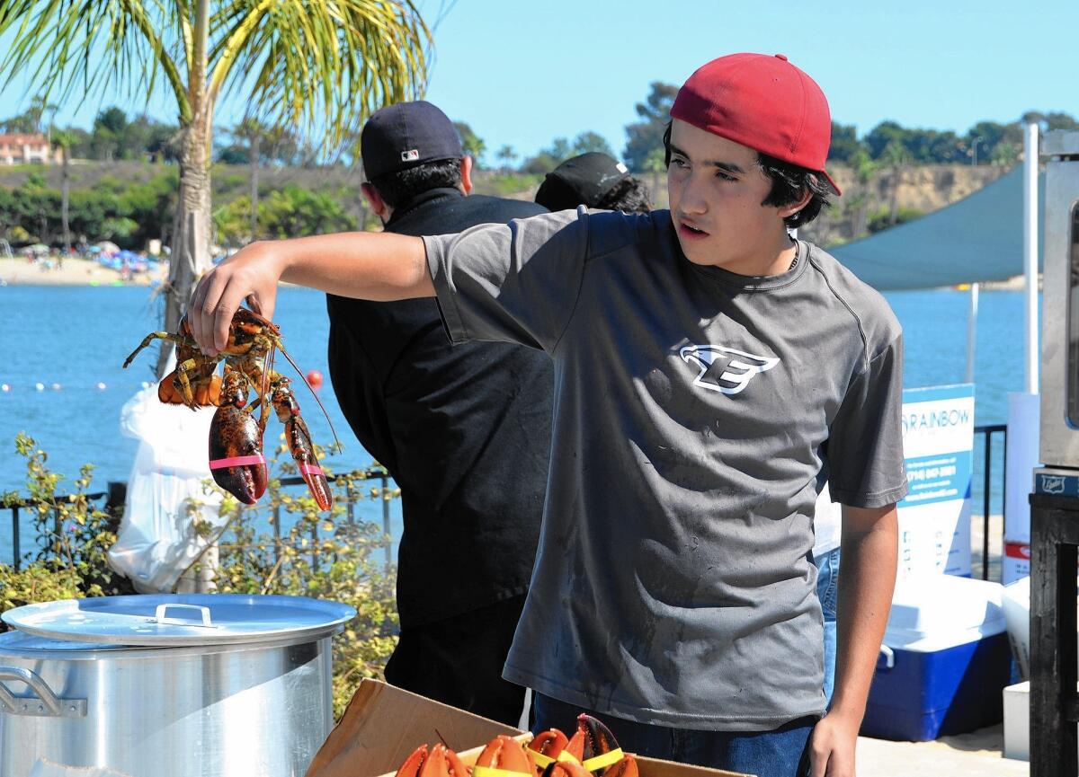Eduardo Martin shows off a live lobster during the seventh annual Lobsterfest at Newport Dunes on Saturday.