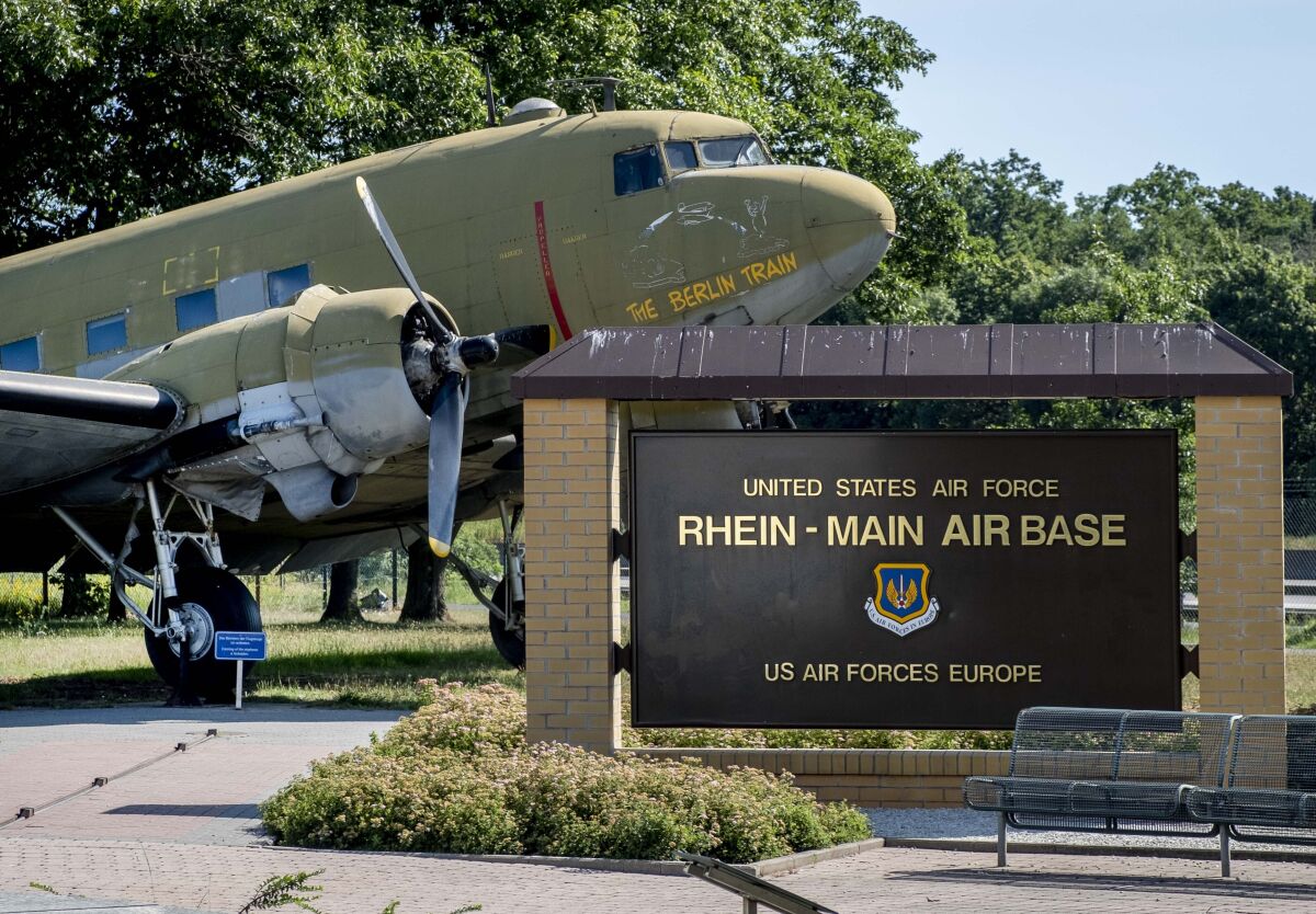 An old  airplane from WW II is seen at the airlift memorial in Frankfurt, Germany.