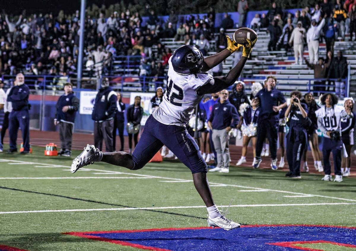 Defensive tackle Mikhal Johnson of Sierra Canyon makes his first ever reception for touchdown on tackle eligible play.