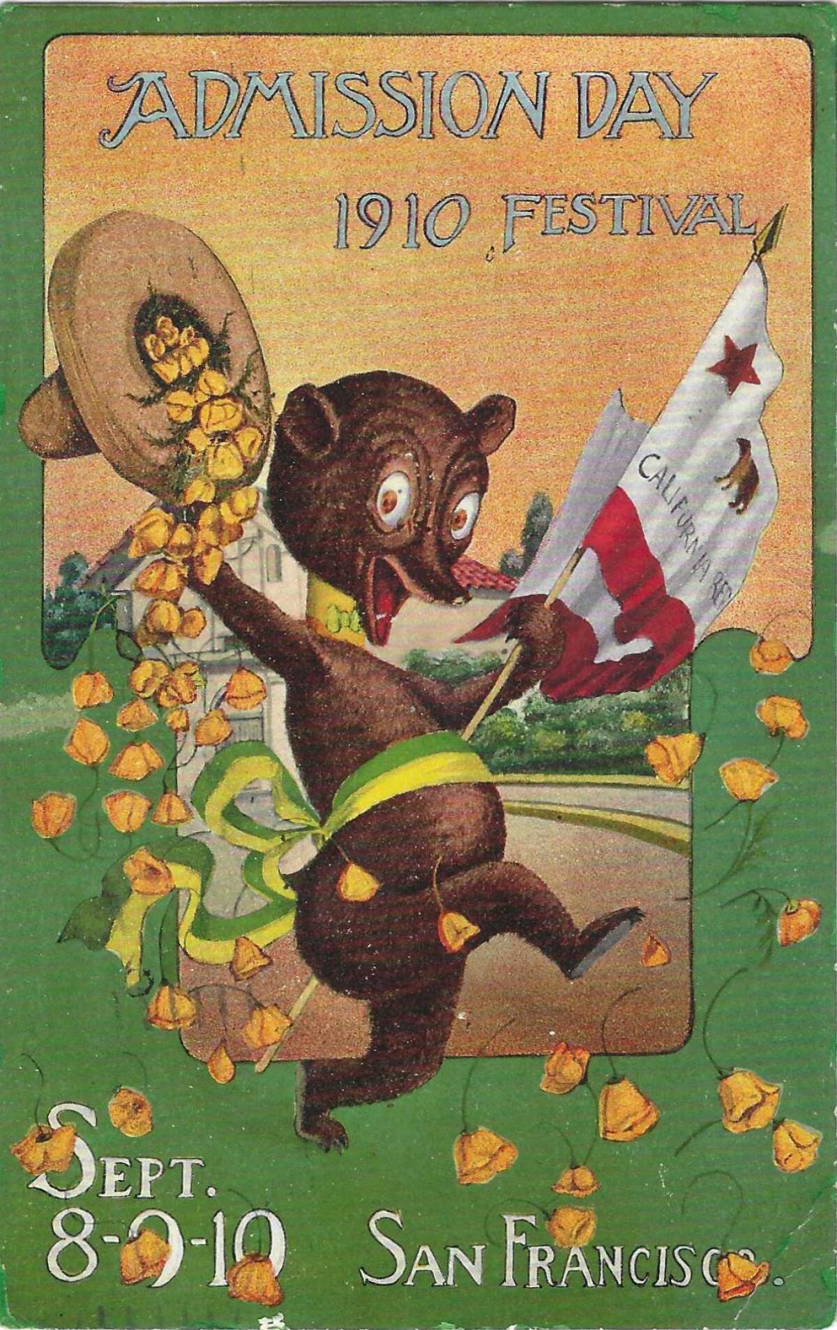 An illustration of a bear dancing and holding a flag and a hat overflowing with poppies.