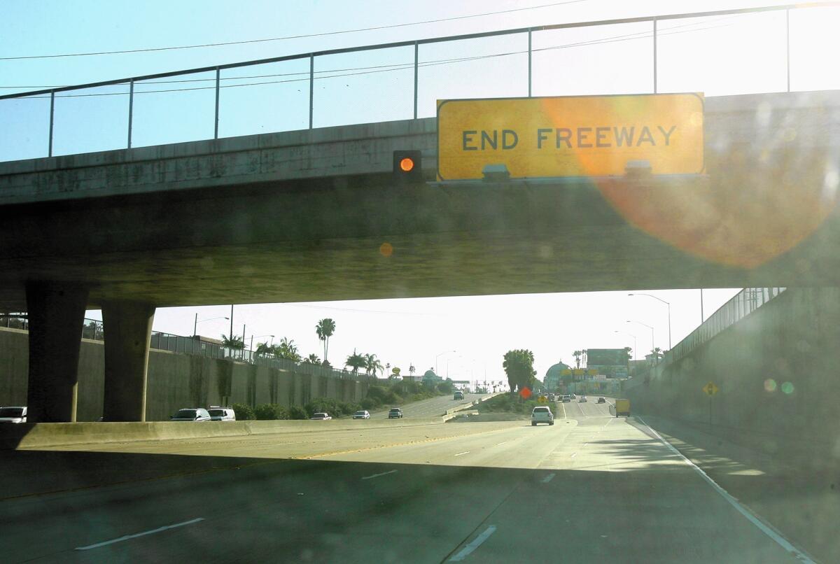 View showing end of the 55 freeway southbound where it turns into Newport Blvd.