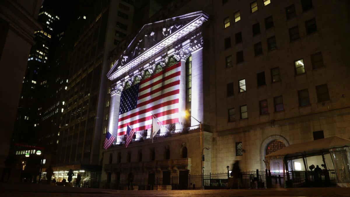 A U.S. flag hangs on the front of the New York Stock Exchange in 2017.