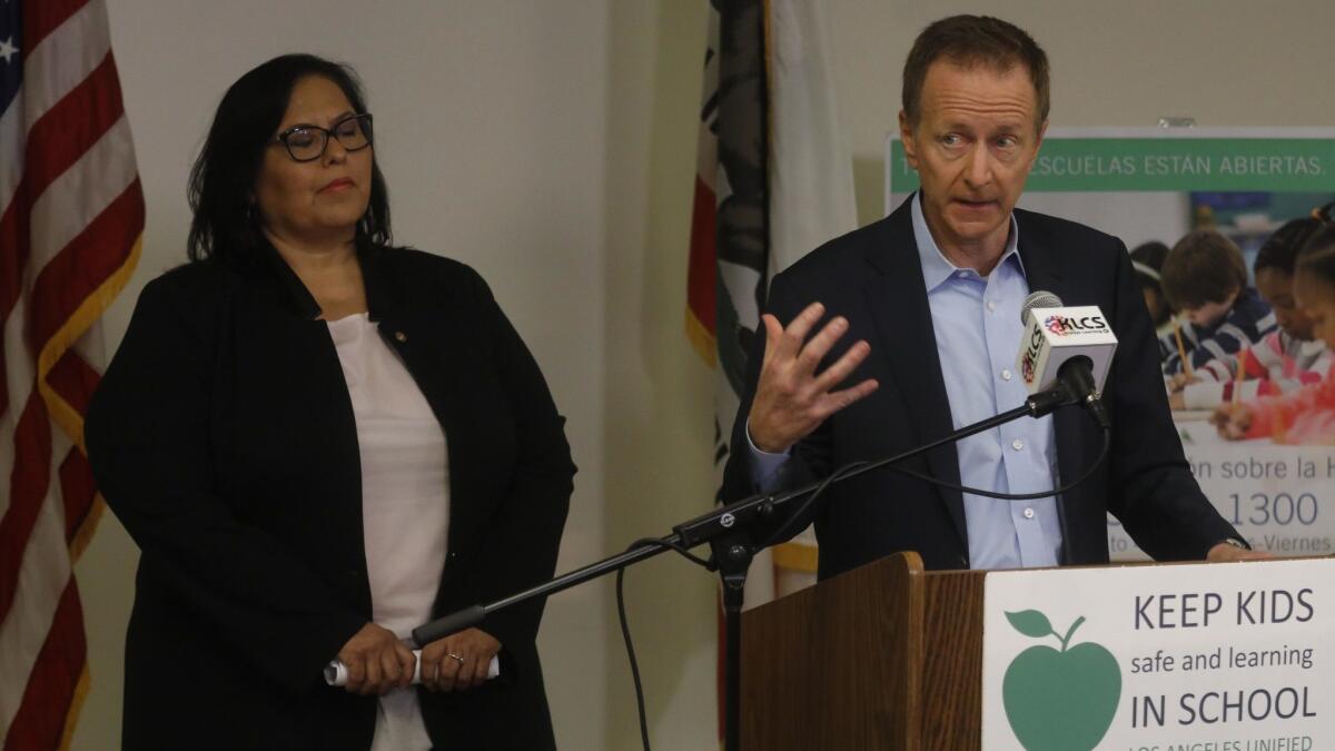 L.A. schools Supt. Austin Beutner and school board President Monica Garcia brief the media after the fifth day of the teachers' strike.