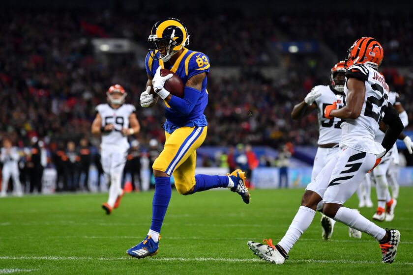 Rams receiver Josh Reynolds crosses the goal line on a 31-yard scoring pass play against the Bengals during the second quarter Sunday.