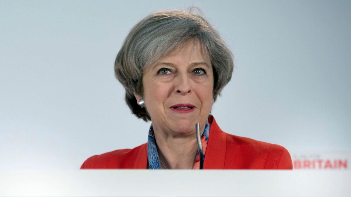 Britain's Prime Minister Theresa May speaks at the Conservative Spring Forum in Cardiff on March 17.
