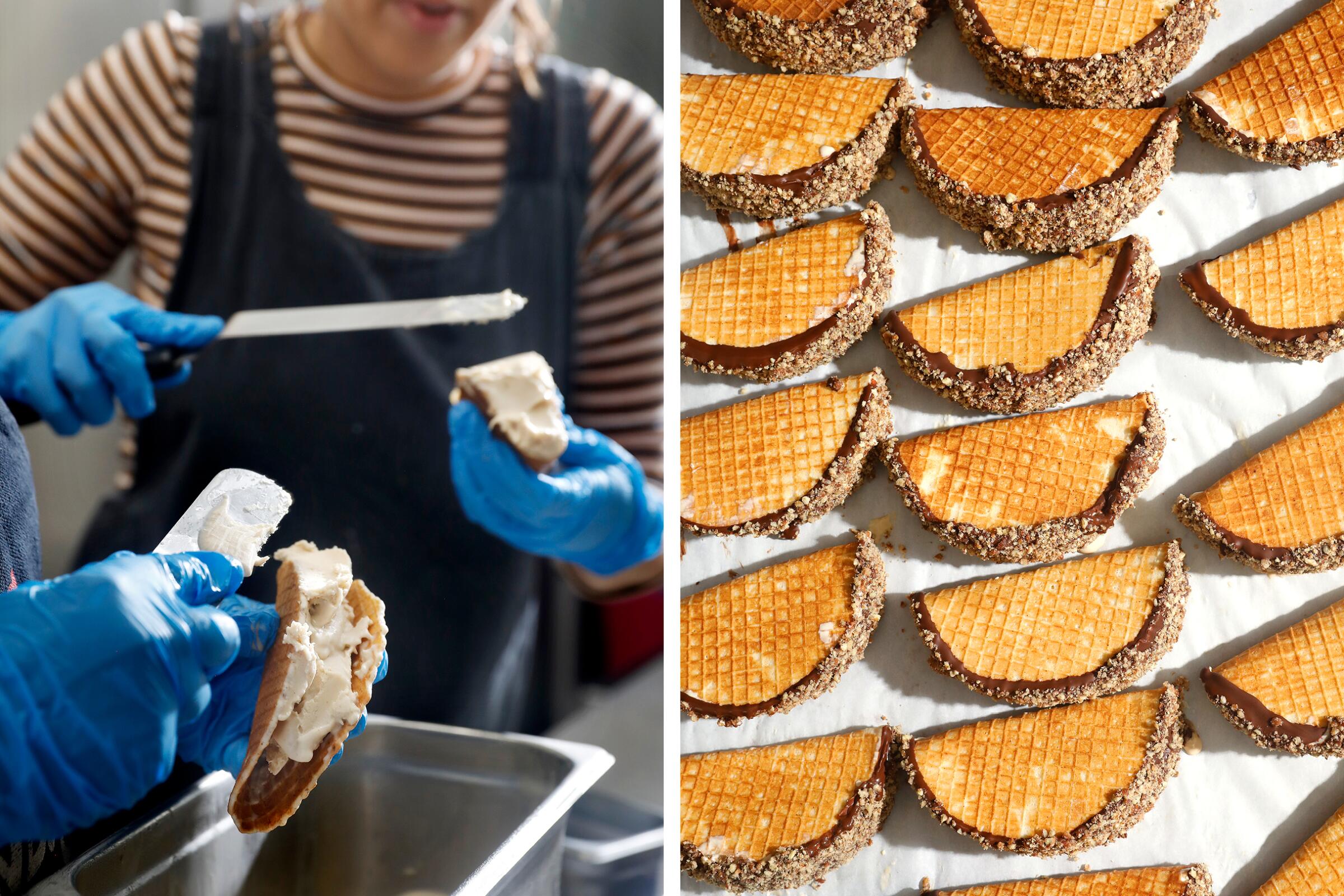 Two photos side by side, one of people creating ice cream tacos and the other of rows of ice cream tacos.