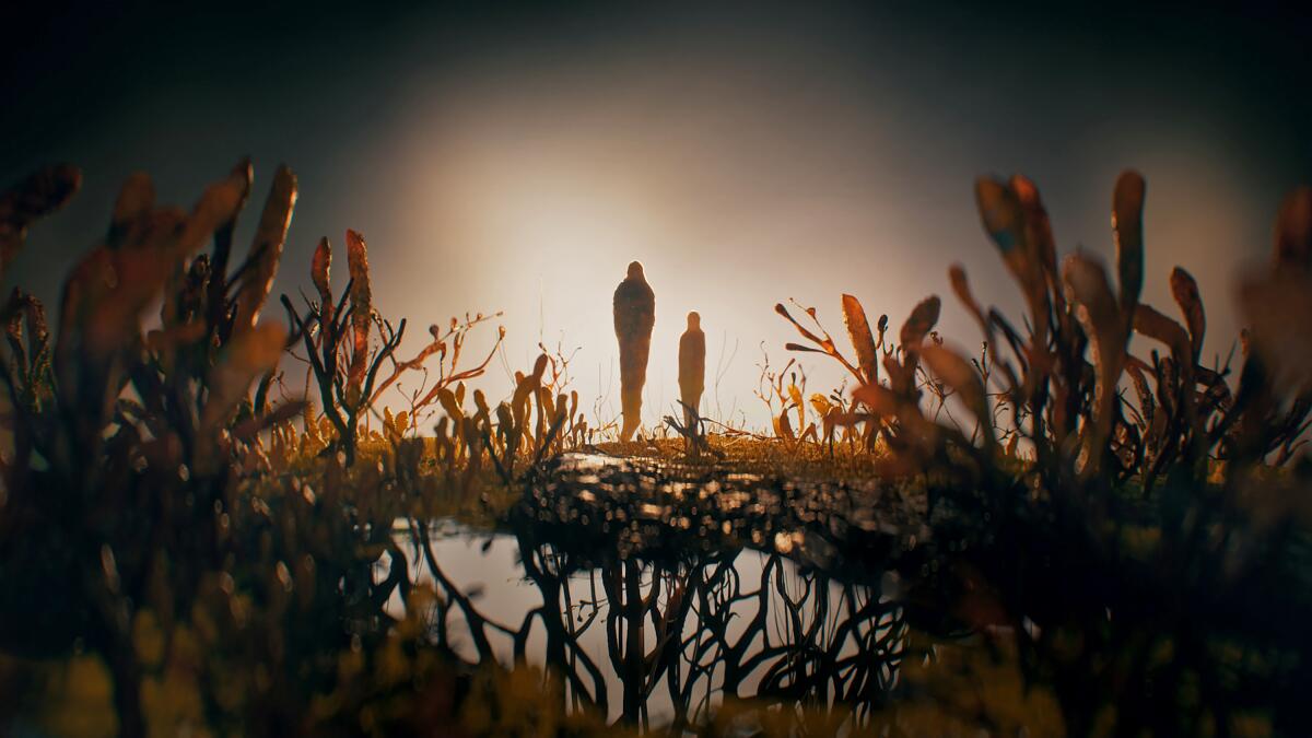 The final frame of the "The Last of Us" title design shows two figures amid the spreading fungi, Joel and Ellie?
