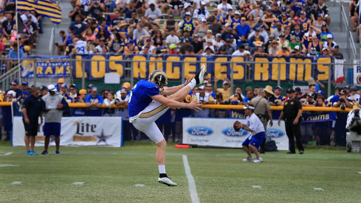 Johnny Hekker punts the ball during a 2015 Rams-Cowboys scrimmage in Oxnard.