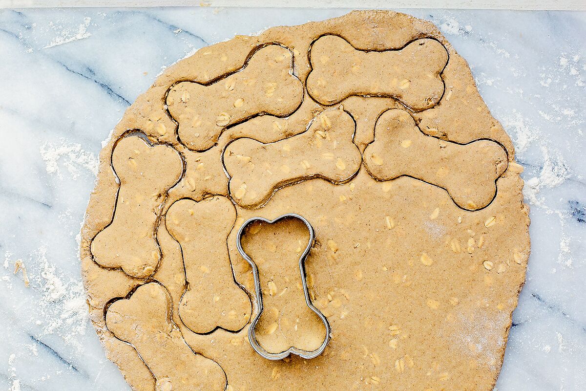 Rolled out dough on a slab of marble with a bone-shaped cookie cutter.
