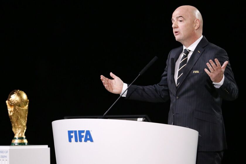 FIFA President Gianni Infantino delivers a speech at the FIFA congress on the eve of the opener of the 2018 soccer World Cup in Moscow, Russia, Wednesday, June 13, 2018. The congress in Moscow is set to choose the host or hosts for the 2026 World Cup. (AP Photo/Alexander Zemlianichenko)