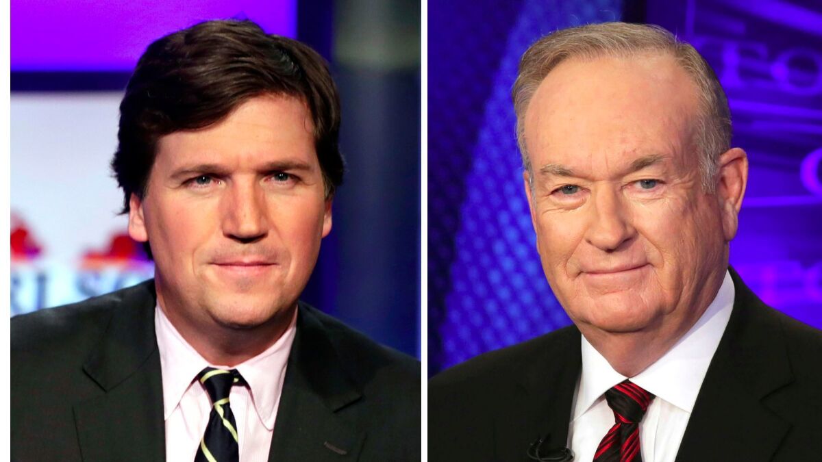 Tucker Carlson, left, host of "Tucker Carlson Tonight," appears on the set in New York on March 2, and Fox News personality Bill O'Reilly appears on his show "The O'Reilly Factor" on Oct. 1, 2015.