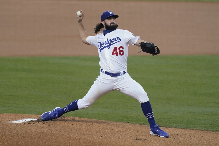 Dodgers starting pitcher Tony Gonsolin throws against the Angels on Sept. 26.