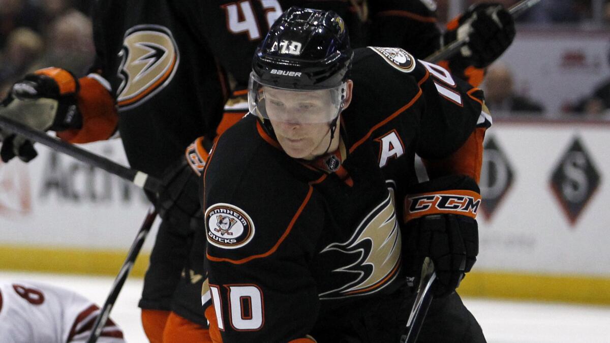 Ducks right wing Corey Perry controls the puck during a game against the Arizona Coyotes on Nov. 23.