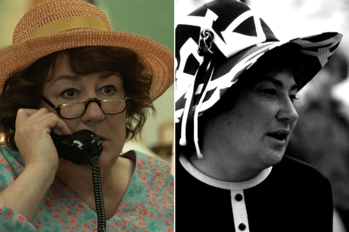 Margo Martindale, left, as Bella Abzug in "Mrs. America," and the real Bella Abzug in 1972.
