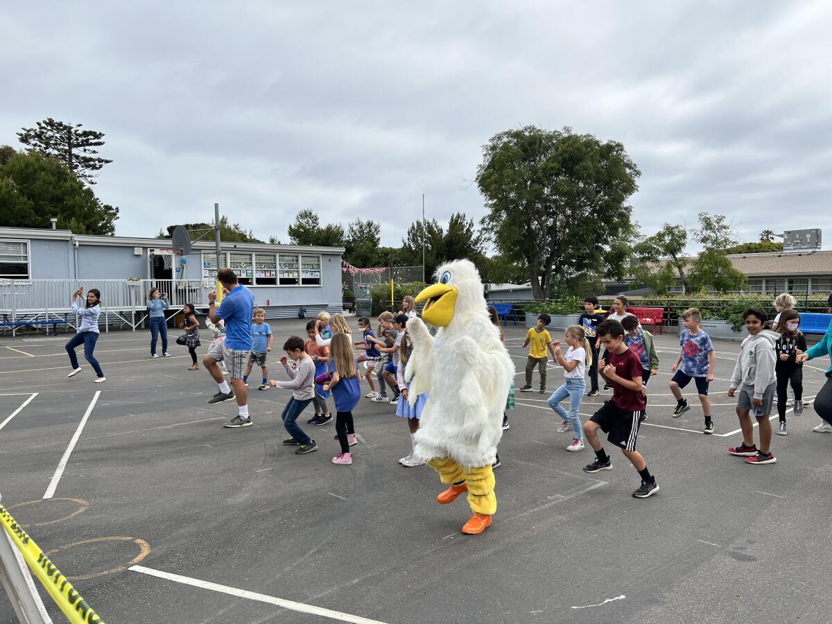Bird Rock Elementary School mascot Rocky the Pelican leads a group dance.
