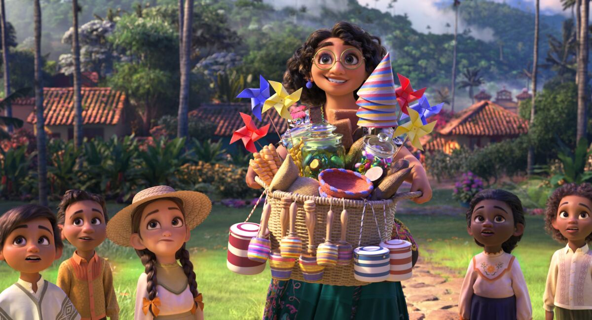 An animated scene shows a young woman carrying a basket of colorful goodies