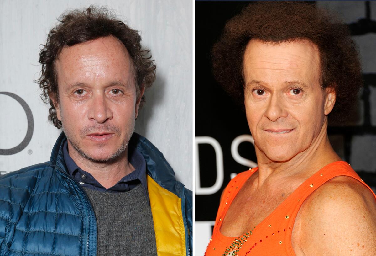 Two photos: Pauly Shore in a blue puffer jacket; Richard Simmons in a sparkly orange tank top.