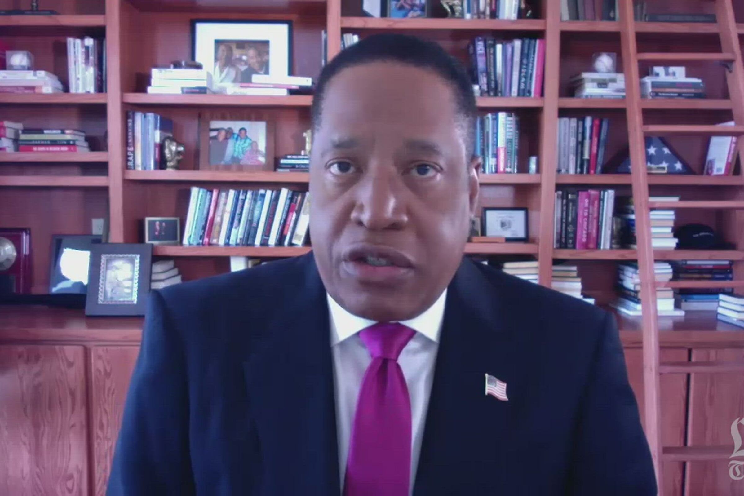 Larry Elder in a Zoom discussion with Los Angeles Times opinion editors