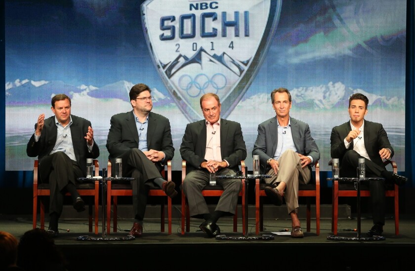 (L-R) Chairman of NBC Sports Group Mark Lazarus, Executive Producer Jim Bell, and NBC Olympics reporters Al Michaels, Cris Collinsworth, and Apolo Ohno speak onstage during the "NBC Olympics" panel discussion at the NBC portion of the 2013 Summer Television Critics Association tour.