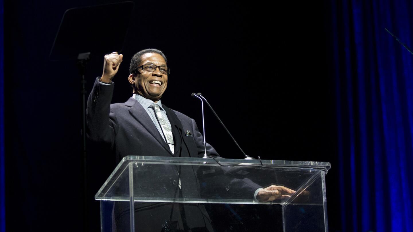 Herbie Hancock speaks to the audience during the Thelonius Monk Institute International Jazz Vocals Competition and All Star Gala Concert at the Dolby Theater in Los Angeles on Nov. 15, 2015.