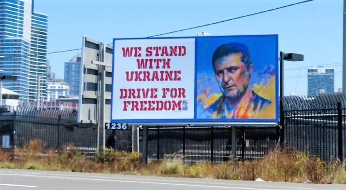 This billboard by Harbor Drive, east of Petco Park, is part of a campaign to keep Ukraine in the news. It is being relocated.