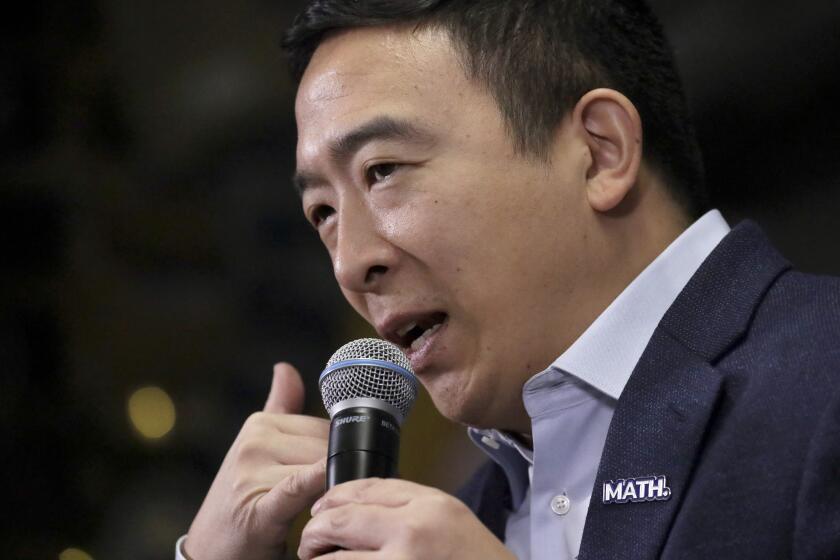 Democratic presidential candidate Andrew Yang speaks during a campaign event at To Share Brewing Co., Wednesday, Jan. 8, 2020, in Manchester, N.H. (AP Photo/Elise Amendola)