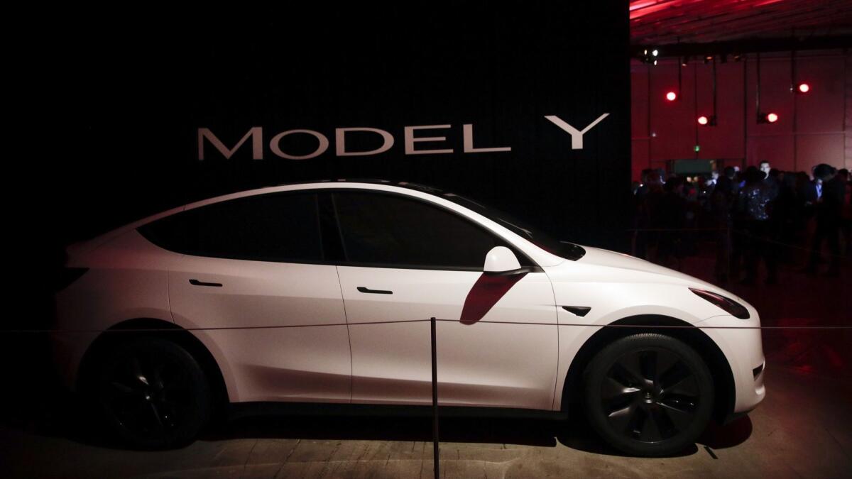 Tesla's Model Y is displayed at the company's design studio Friday in Hawthorne.