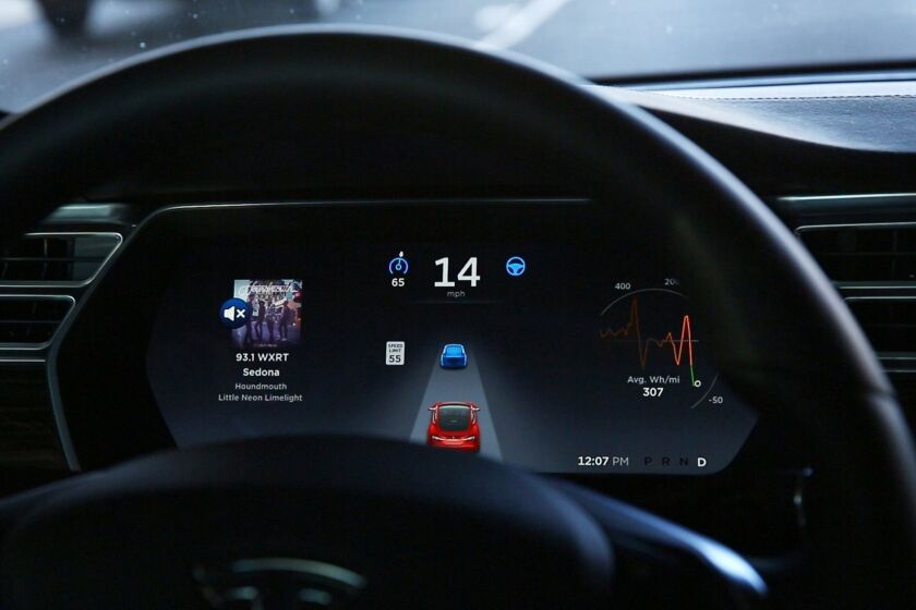 The dashboard of the Tesla Model S P90D. The driver of a Tesla sedan who died in a 2016 crash while using Autopilot relied too much on the car's technology, and sensing a driver's hands on the wheel is not an effective way to tell whether the driver is paying attention, a federal safety panel has indicated. (Chris Walker/Chicago Tribune/TNS) ** OUTS - ELSENT, FPG, TCN - OUTS **