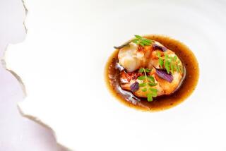 LOS ANGELES, CA - OCTOBER 12: Chao Longxia: lobster, sweet pepper, black pepper course from Kato on Thursday, Oct. 12, 2023 in Los Angeles, CA. (Mariah Tauger / Los Angeles Times)