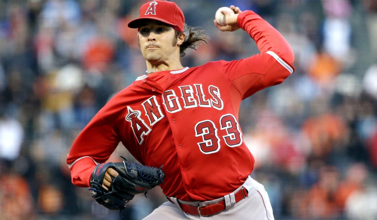 Angels starting pitcher C.J. Wilson gave up one earned run and four hits in seven innings against the Giants on Friday night, striking out five and walking one.