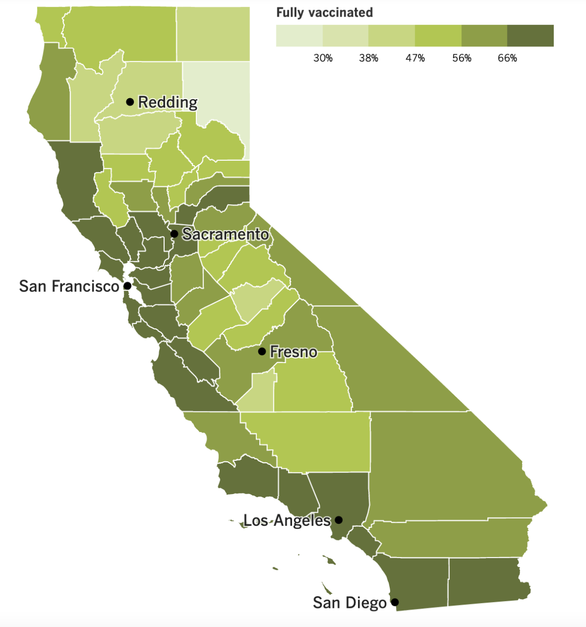 A map showing California's vaccination progress as of March 4, 2022.