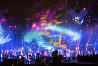 ANAHEIM, CA-MAY 20, 2015: An image of Disney's Peter Pan is projected on spraying water as Disney California Adventure shows off its new World of Color show to the media for the park's 60th anniversary celebration Wednesday, May 20, 2015. The event is a preview of the Disneyland Resort Diamond Celebration, a special event celebrating the 60th anniversary of Walt Disney's original theme park in Southern California. (Photo By Allen J. Schaben / Los Angeles Times)