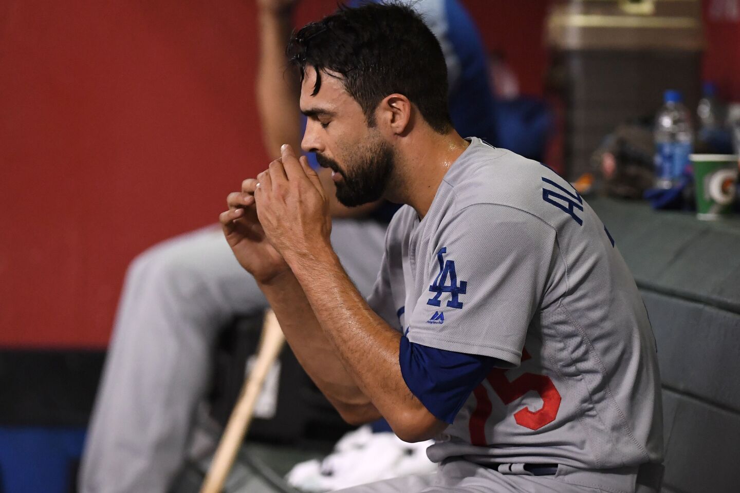PHOENIX, AZ - SEPTEMBER 26: Scott Alexander #75 of the Los Angeles Dodgers reacts in the dugout during the fifth inning of the MLB game against the Arizona Diamondbacks at Chase Field on September 26, 2018 in Phoenix, Arizona. (Photo by Jennifer Stewart/Getty Images) ** OUTS - ELSENT, FPG, CM - OUTS * NM, PH, VA if sourced by CT, LA or MoD **