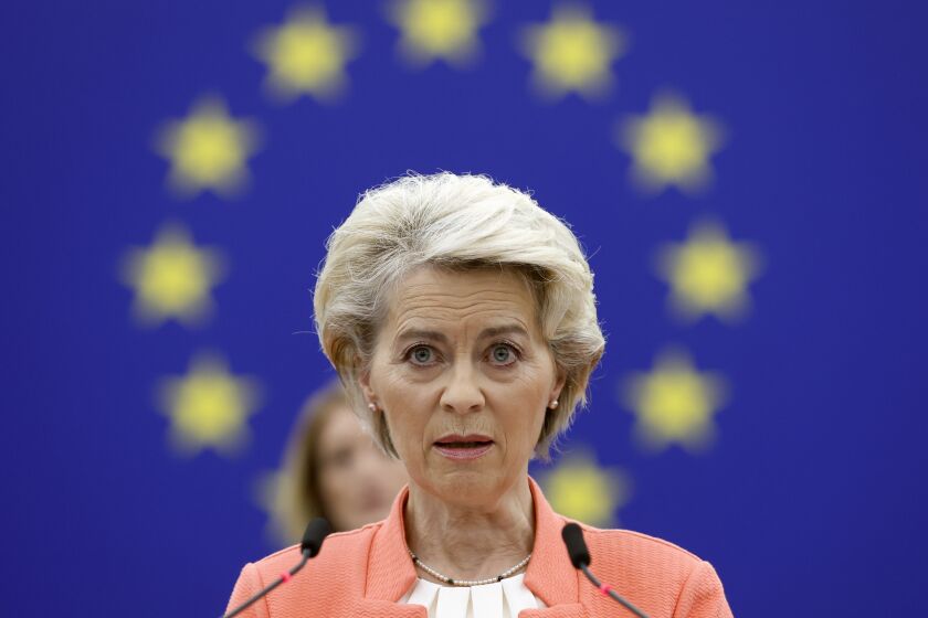 European Commission President Ursula von der Leyen speaks during a commission on Russia's escalation of its war of aggression against Ukraine, at the European Parliament, Wednesday, Oct. 5, 2022, in Strasbourg, eastern France. (AP Photo/Jean-Francois Badias)
