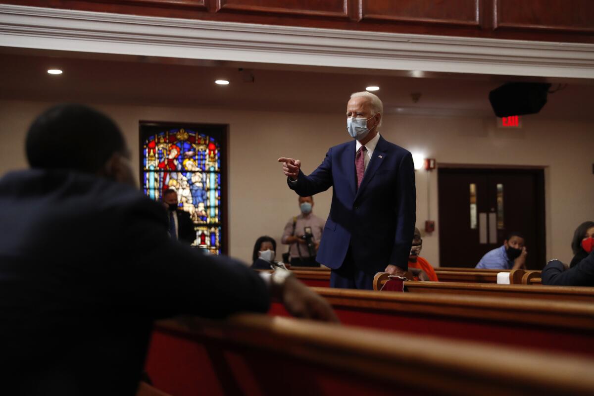 Former Vice President Joe Biden speaks to members of the clergy and community leaders at Bethel AME Church in Wilmington, Del., on Monday.