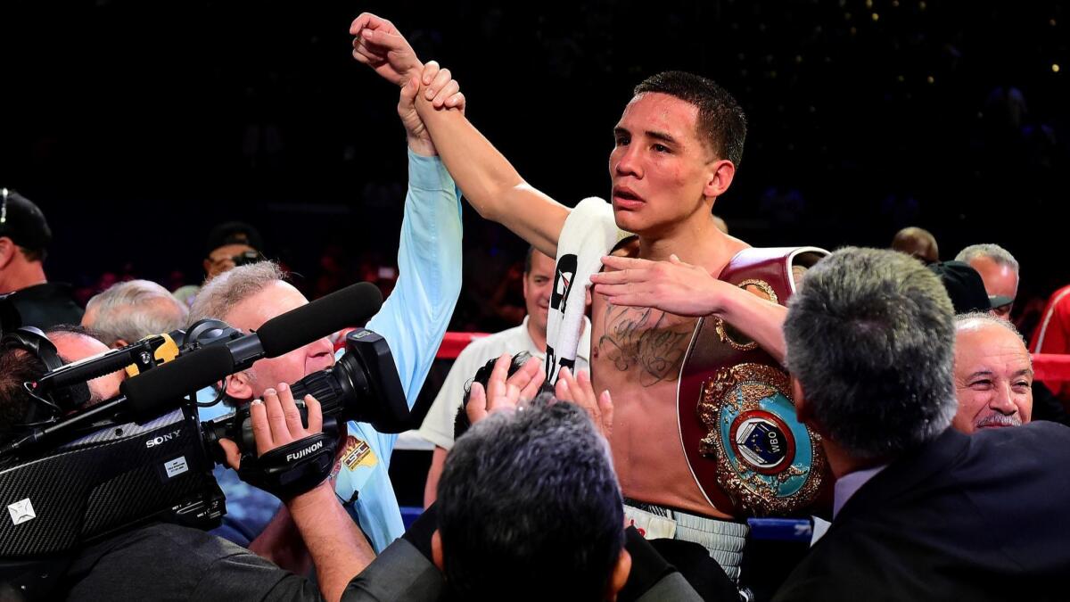 Oscar Valdez celebrates his unanimous 12-round decision over Miguel Marriaga on April 22, 2017, at StubHub Center.