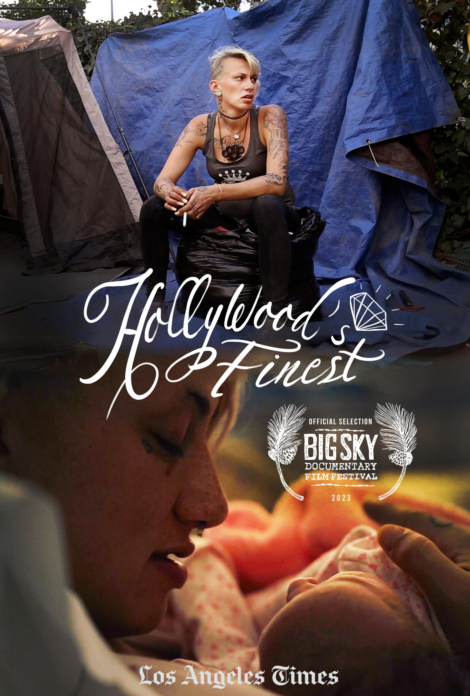 Hollywood's Finest poster. Top: a woman in her 20s holds a cigarette while outside a tent. Bottom: she cradles a newborn