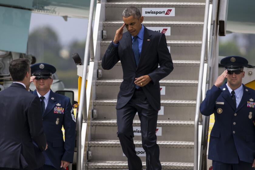 President Obama at Los Angeles International Airport on Thursday. He is appearing at fundraisers, then will travel to San Francisco on Friday.