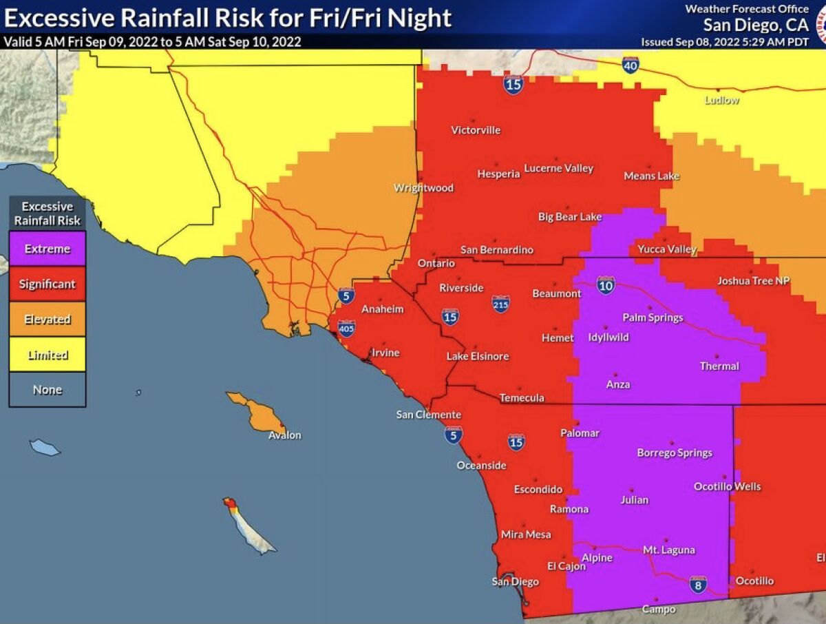 Significant rainfall expected in red areas, excessive rainfall in purple areas.