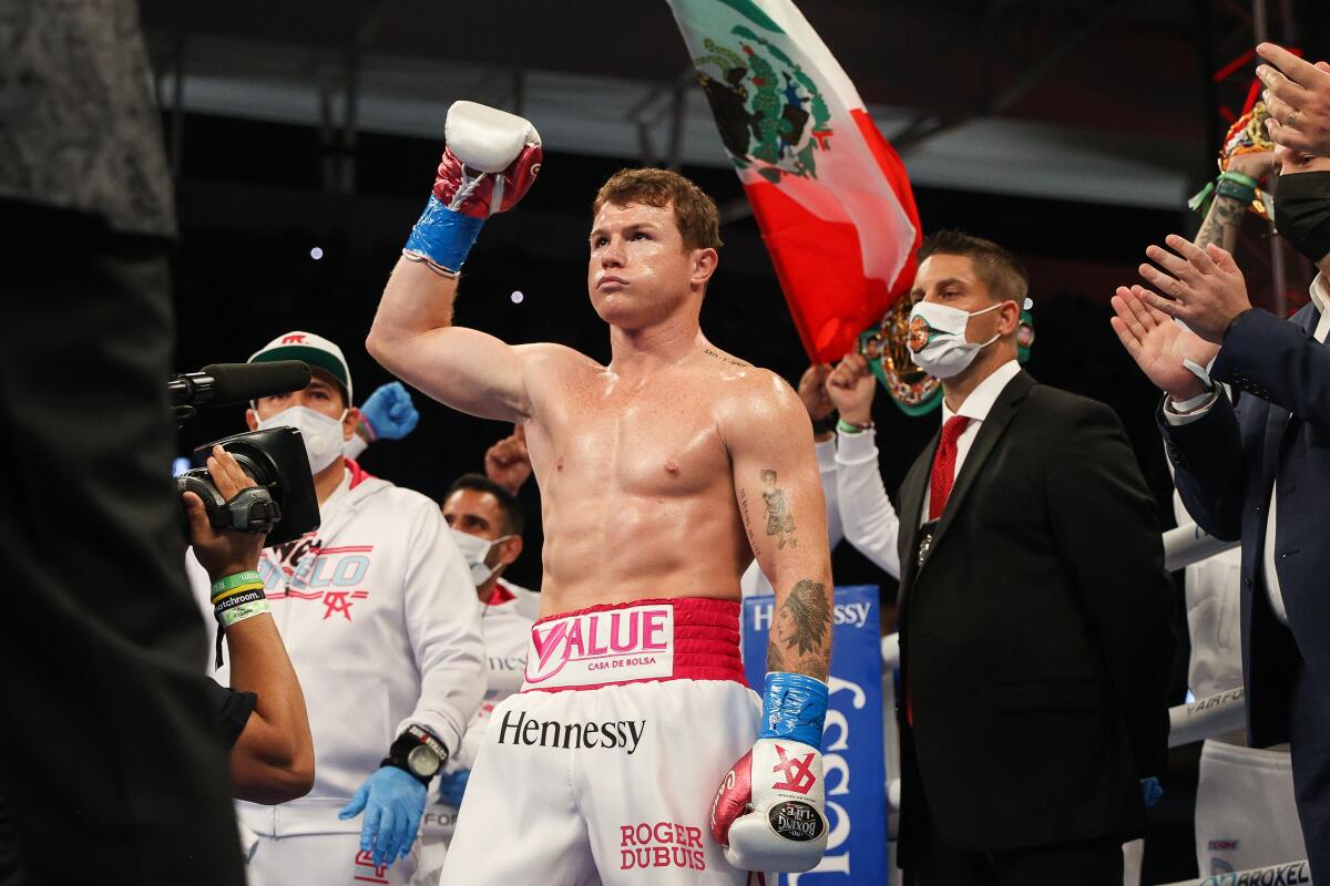 Canelo Alvarez raises his fist while being introduced before his fight against Avni Yildirim on Saturday.