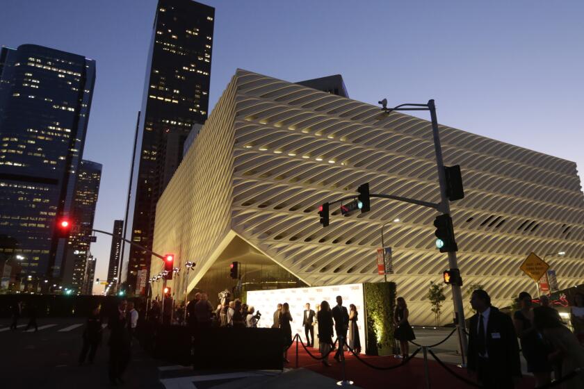 The Broad, with its patterned "veil" of fiberglass-reinforced concrete, is the backdrop to the black-tie gala red carpet Thursday evening in downtown Los Angeles.