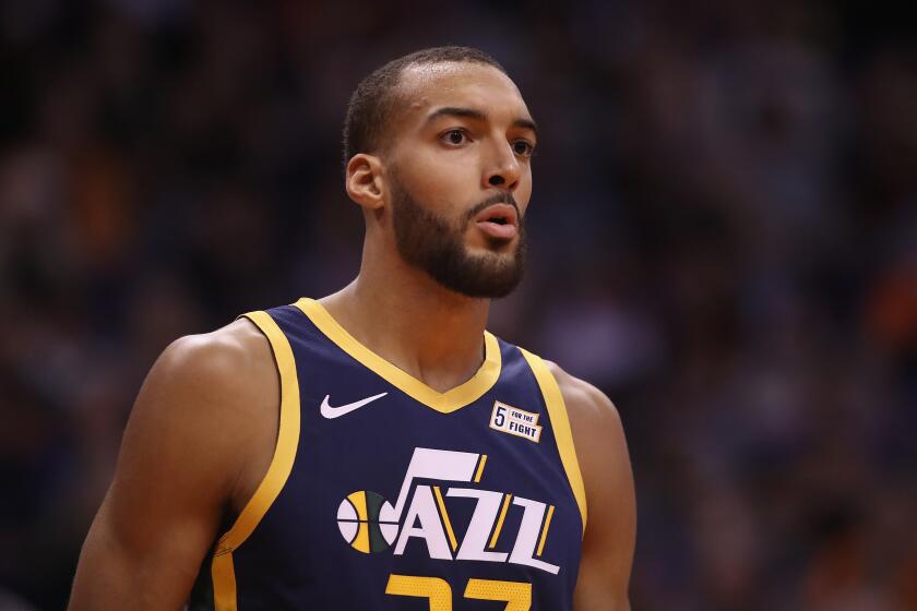 PHOENIX, ARIZONA - OCTOBER 28: Rudy Gobert #27 of the Utah Jazz reacts during the first half of the NBA game against the Phoenix Suns at Talking Stick Resort Arena on October 28, 2019 in Phoenix, Arizona. NOTE TO USER: User expressly acknowledges and agrees that, by downloading and/or using this photograph, user is consenting to the terms and conditions of the Getty Images License Agreement (Photo by Christian Petersen/Getty Images)